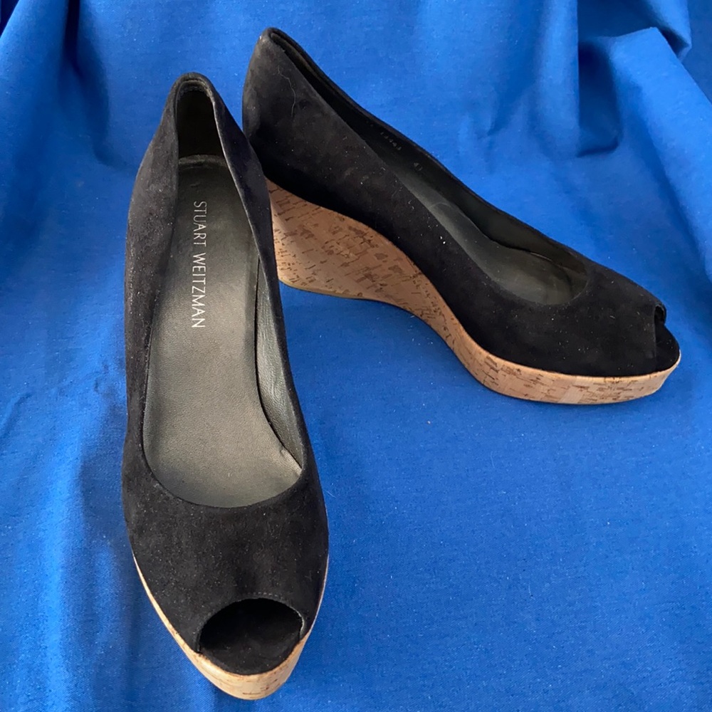 Stuart Weitzman Black Suede Cork Wedge Peep Toe